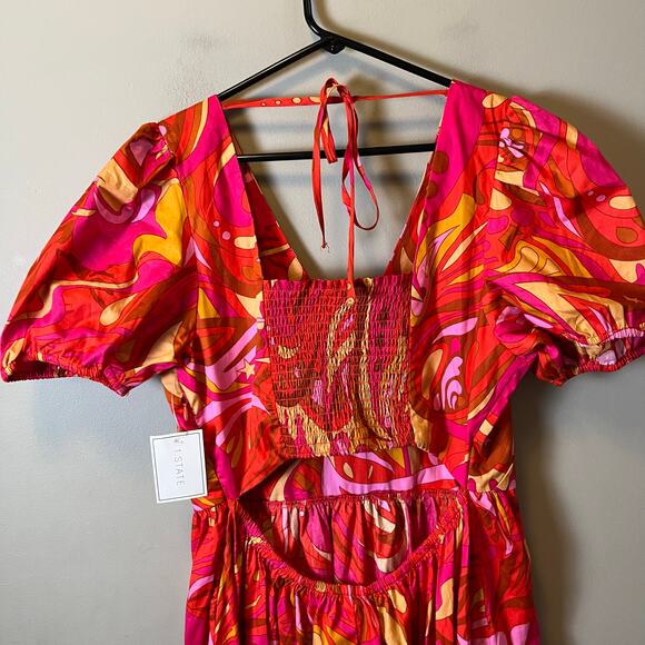 1.State Pink & Orange Puff Sleeve Tiered Maxi Dress 100% Cotton Summer Large New - Picture 6 of 7